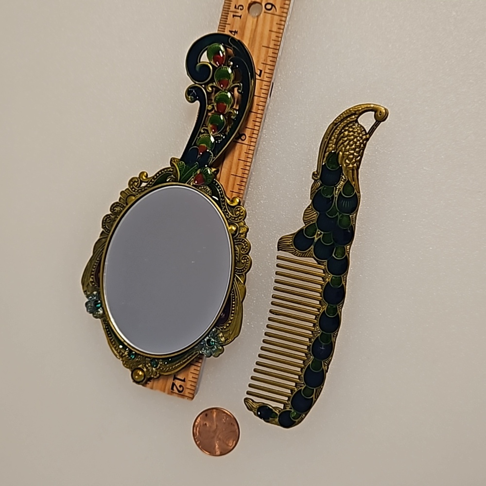 Peacock hand mirror comb vanity set enamel rhinestones hair accessories decor - Picture 3 of 7